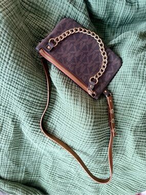 Michael Kors Brown Monogram Belt Bag with Gold Chain Accent